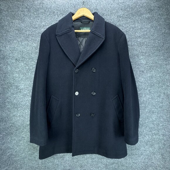 Lauren Ralph Lauren Pea Coat Mens 44L Black Double Breasted Wool Blend Quilted